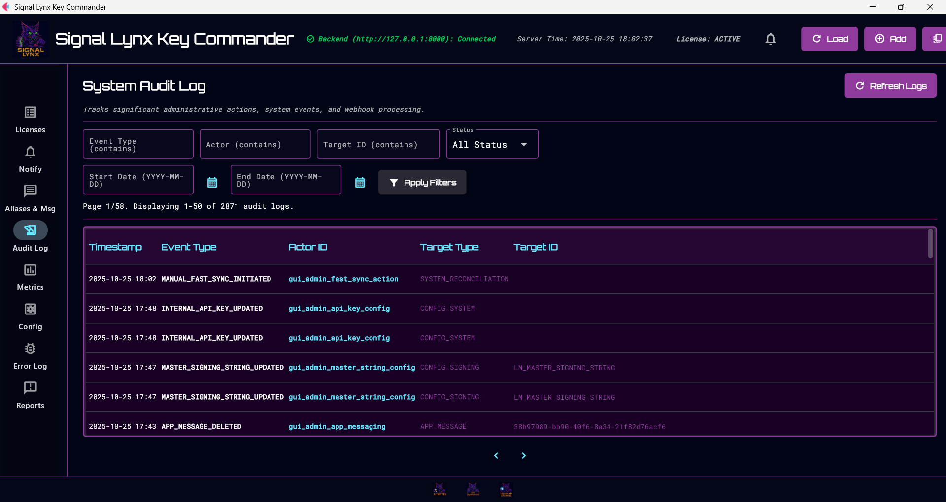 Screenshot of the license management tab in Key Commander