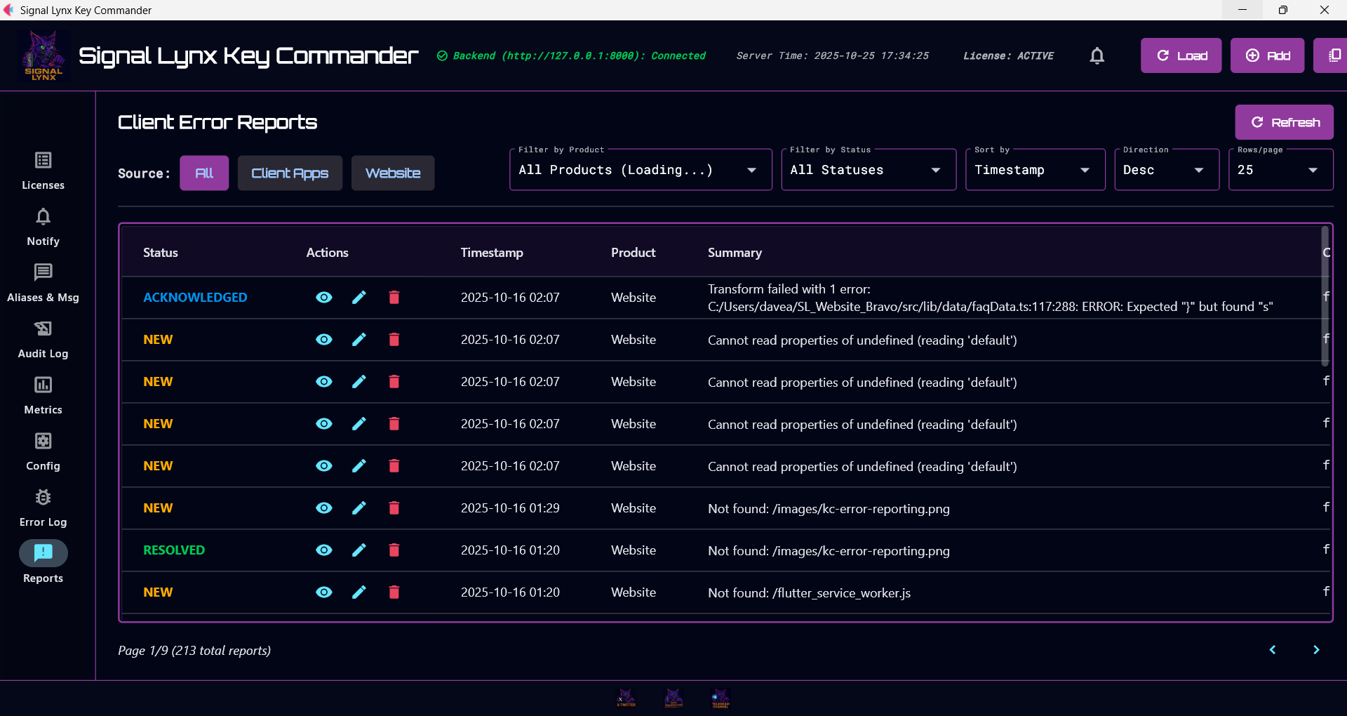 Screenshot of the error reporting dashboard in Key Commander