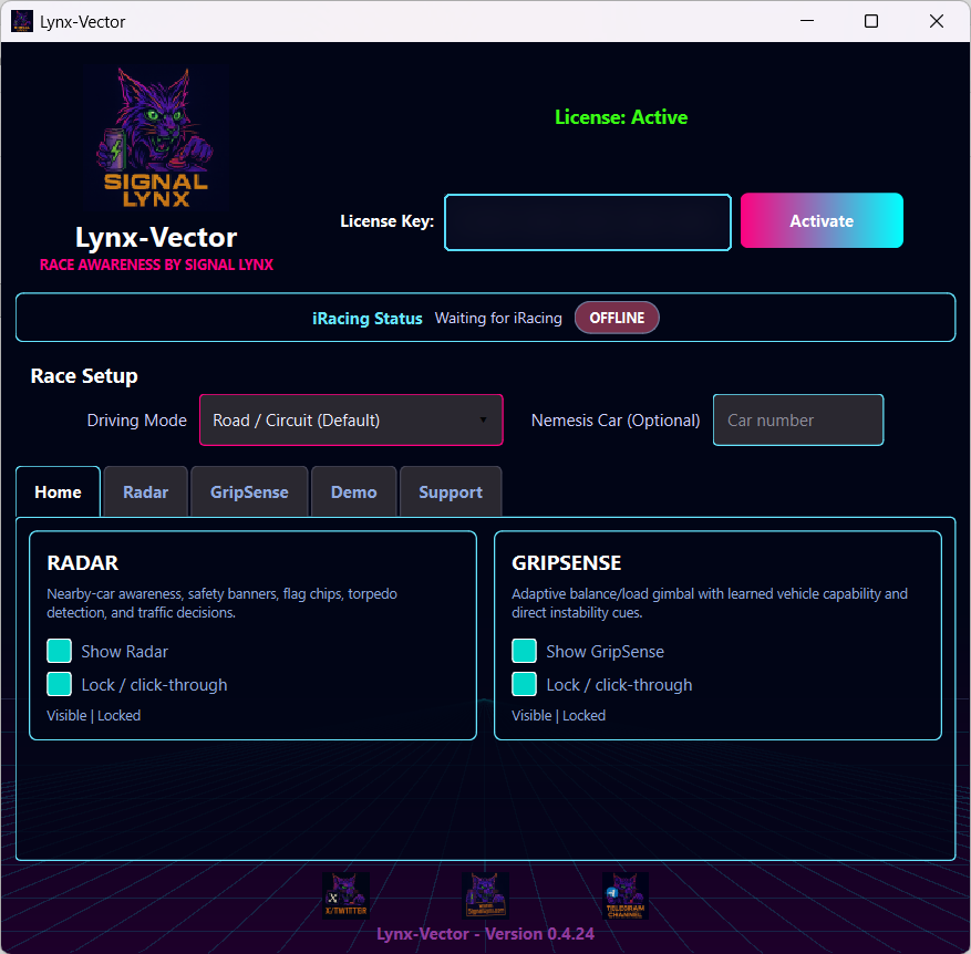 Lynx-Vector application home screen with Radar and GripSense controls