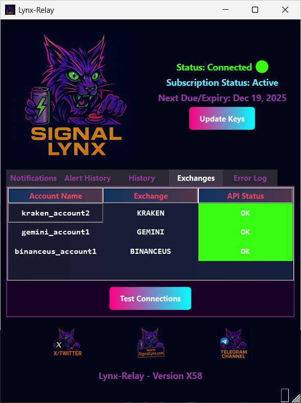 Screenshot of the Exchanges tab in the Lynx-Relay