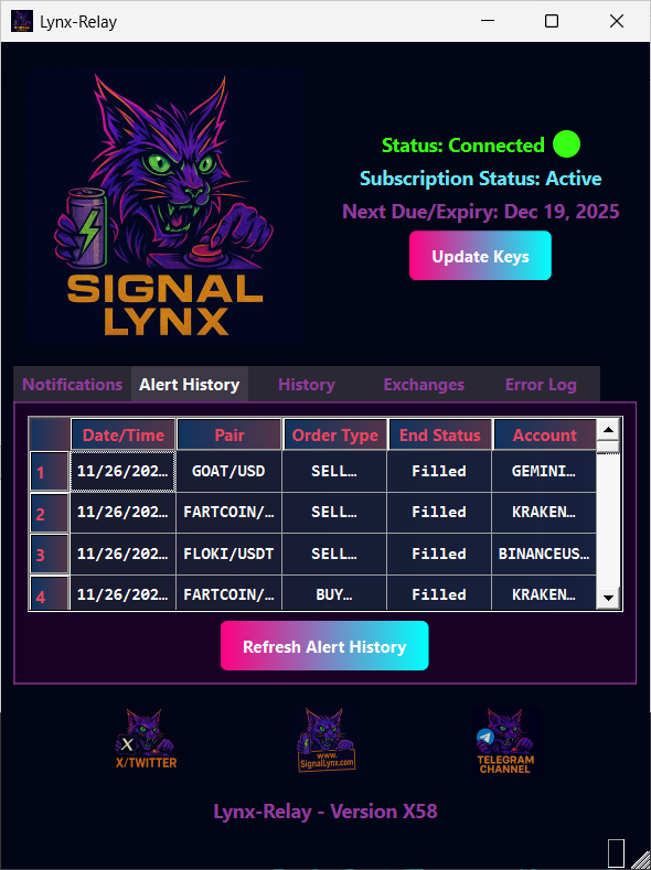 Screenshot of the Alert History tab in the Lynx-Relay