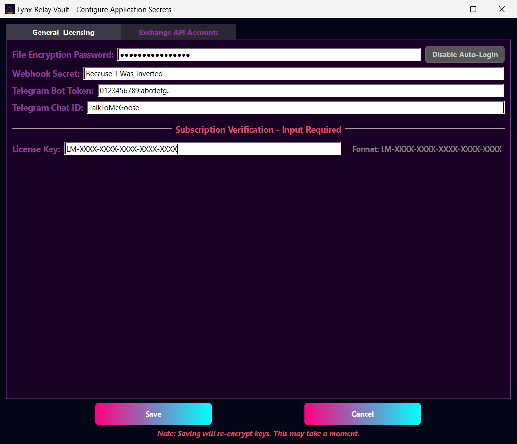 Screenshot of the Lynx-Relay setup screen