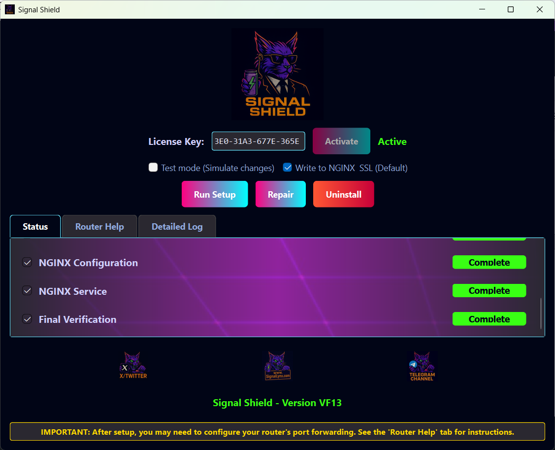 Screenshot of the Signal Lynx setup script running in a PowerShell terminal