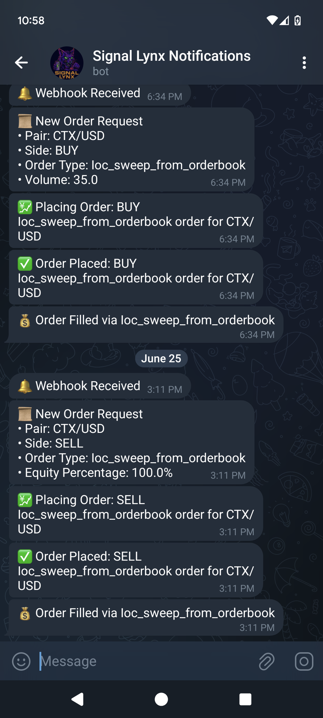 Screenshot of Signal Lynx notifications in the Telegram app on a phone